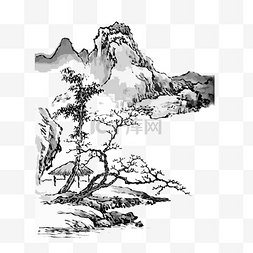 水墨山水图片_水墨山水国画线描东方意境PNG