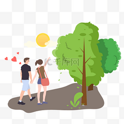 白云太阳图片_卡通插画风公园散步的情侣