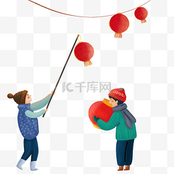 手绘灯笼图片_春节传统节日挂灯笼人物素材