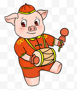猪年吉祥物猪猪敲腰鼓插画