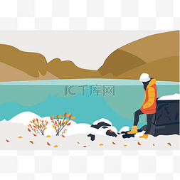 树叶湖泊图片_矢量H5一个人的冬日风景插画