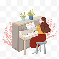 手绘插画人物女孩图片_3.8妇女节女神节女孩在弹钢琴手绘