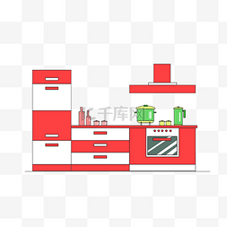 红色的冰箱图片_装修红色的厨房插画