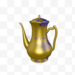 金色茶壶图片_金色蓝花壶水壶