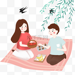 情侣吃饭图片_春季野餐柳树下吃饭的情侣免扣