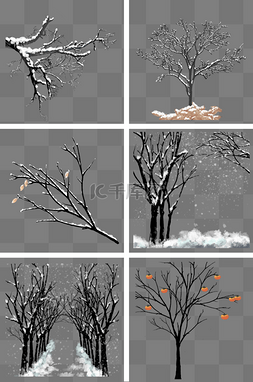 唯美手绘免抠图图片_冬季积雪暗色树枝树林落叶堆积柿