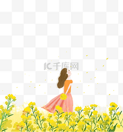 小清新的花瓣图片_油菜花花丛中的女孩手绘插画免费