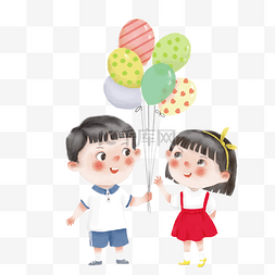 卡通男孩和女孩放气球免抠图