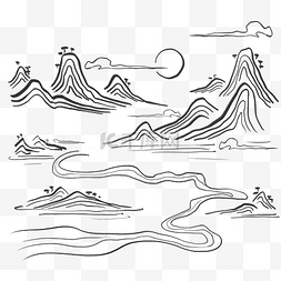 中国风山水白描枯笔群山流水素材