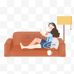 卡通女人坐在沙发上看书