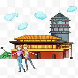 旅游打卡图片_旅游打卡自拍留念人物插画