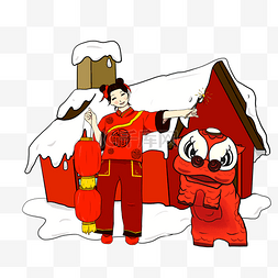 春节雪景图片_手绘卡通新年雪景插画