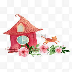 围栏手绘图片_免抠卡通手绘粉色房子小猫