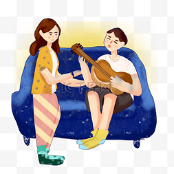 人图片_温馨家庭插画情侣弹吉他唱歌