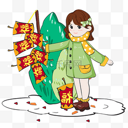 小寒小女孩游玩手绘插画