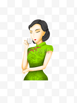 穿旗袍的女人图片_穿绿色旗袍喝咖啡的优雅女人卡通