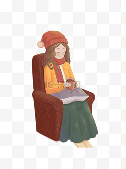 手绘卡通女孩坐在沙发上喝咖啡元