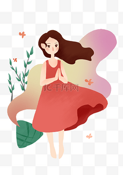 女孩双手合十图片_端午节双手合十女孩插画