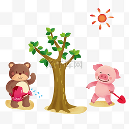植树节植树的小熊小猪