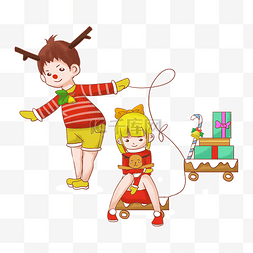 圣诞手绘场景图片_圣诞节小男孩送礼小女孩插画