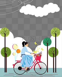 手绘卡通可爱的骑自行车的女生矢