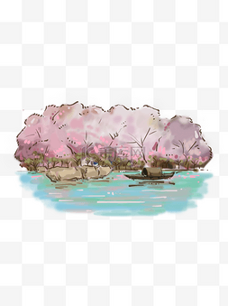 传统手绘风桃源溪水渔船可爱插画