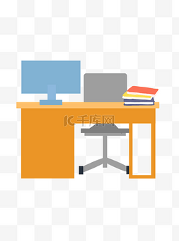 办公桌电脑扁平图片_卡通扁平办公桌电脑椅子元素
