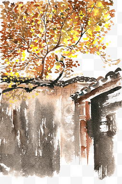 手绘秋天的树叶图片_秋天的院落水彩画PNG免抠素材