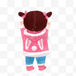 粉色衣服小女孩图片_扎羊角辫穿粉色衣服举起手的小女