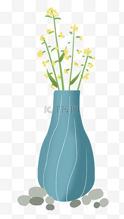 油菜花放在蓝色花瓶里