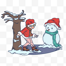 卡通手绘堆雪人图片_冬季旅游堆雪人打雪仗人物插画