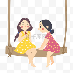 卡通荡秋千小女孩图片_夏天荡秋千的两个小女孩插画PNG