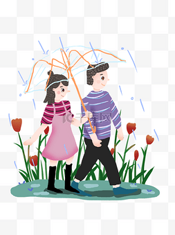  雨中漫步的情侣 