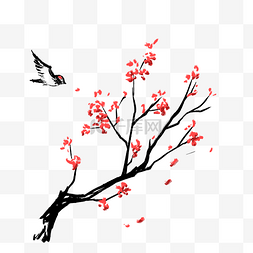冬季红色梅花树枝水墨写意水墨鸟