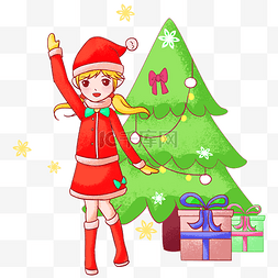圣诞手绘场景图片_圣诞节开心小女孩插画