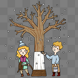 大雪帮树保暖插画