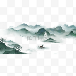 俯视湖泊图片_山水画水墨画湖泊孤舟