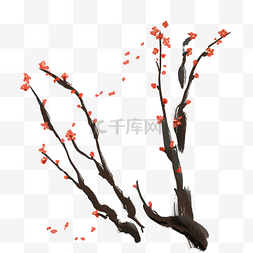 冬季树枝水墨图片_冬季红色梅花多棵树枝水墨写意唯
