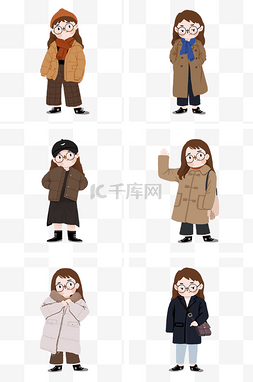 卡通女孩手绘插画图片_冬季系列穿着保暖的人卡通手绘插