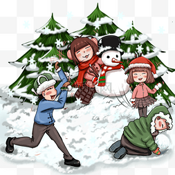 堆雪人下雪插画图片_动漫厚涂手绘圣诞节一堆孩子打雪