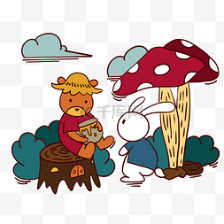 矢量手绘树林图片_手绘卡通可爱童话小熊和小白兔