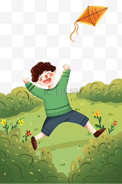 草坪踏青游玩图片_手绘卡通小男孩在草坪上放风筝元