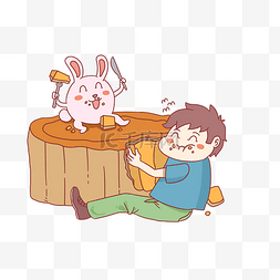 男孩兔子吃月饼插画