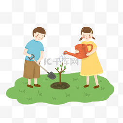 节日的氛围图片_一起植树的两个小朋友