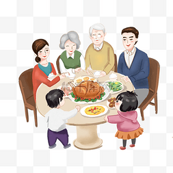 家人吃饭素材图片_感恩节全家团圆吃火鸡插画
