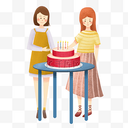 卡通手绘女孩和生日蛋糕