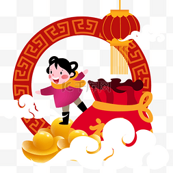 金色手绘灯笼图片_新年人物和福袋插画