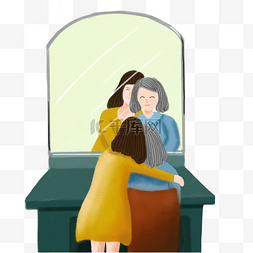 母女温馨图片_卡通手绘照镜子的母女