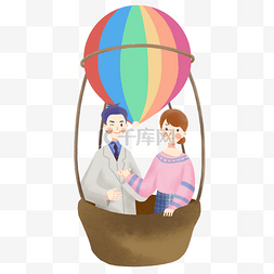 坐热气球图片_卡通手绘情侣约会开心坐热气球