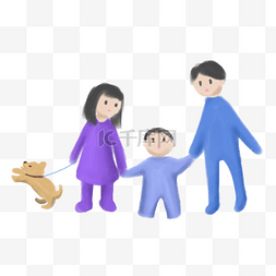 妈妈和孩子和狗狗图片_蓝色手绘温馨妈妈爸爸孩子和狗狗
